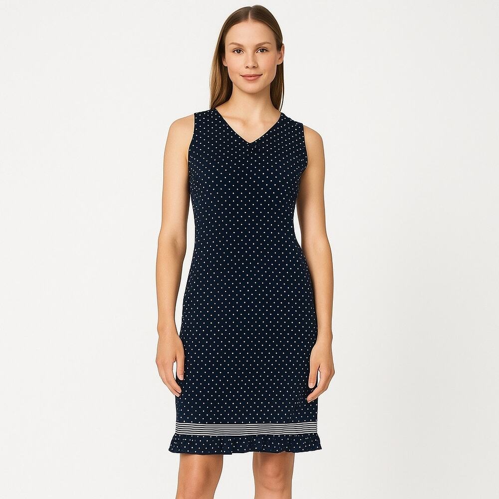 Sara Campbell Navy Polka Dot Cotton Sleeveless Dress 14P Ruffle Hem Preppy USA